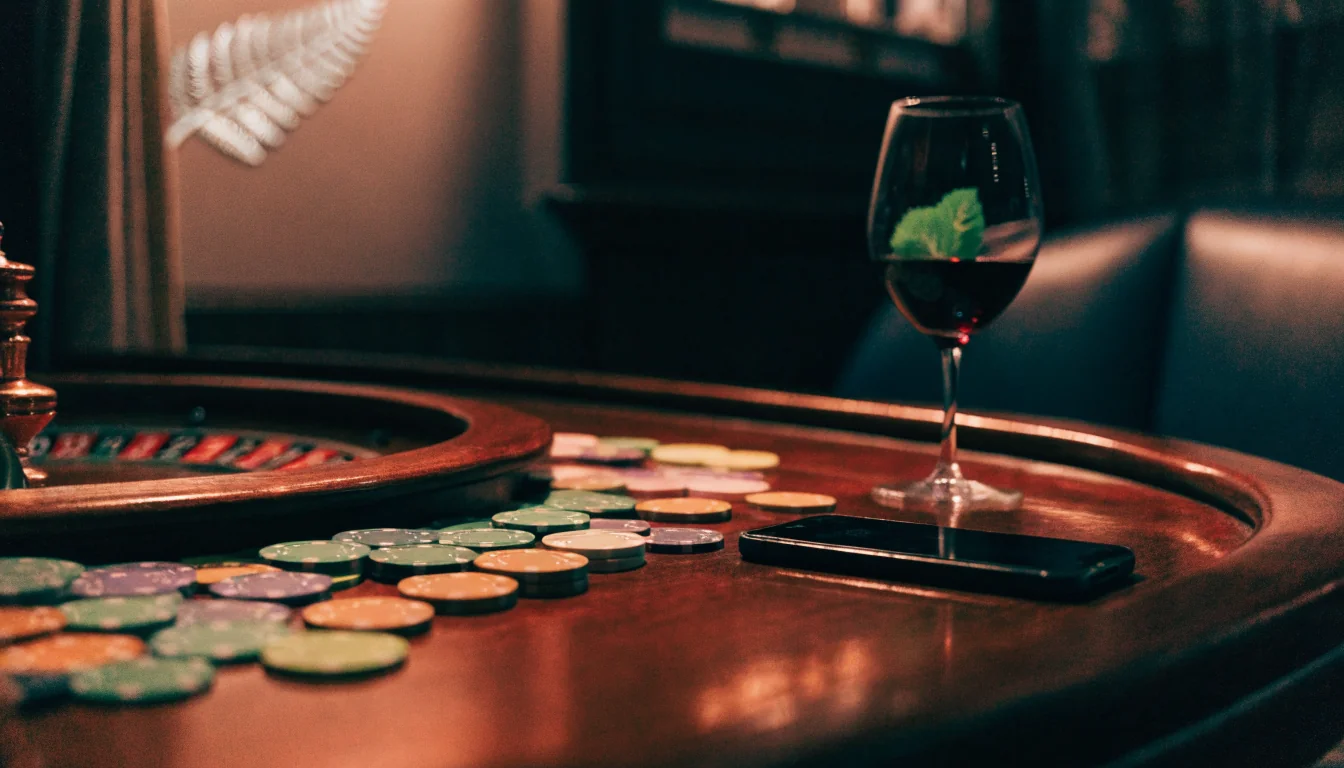 Casino table with chips and roulette wheel, smartphone face-down, warm New Zealand lounge atmosphere