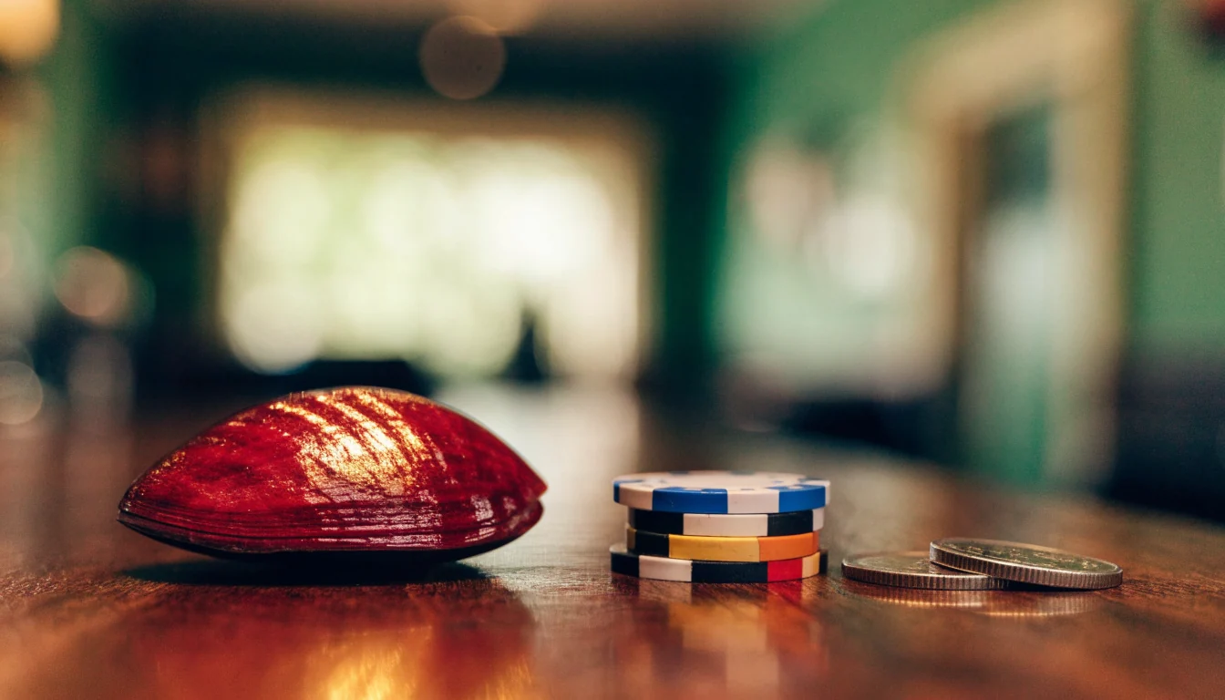 Casino chips and NZ dollar coins beside a paua shell on a wooden bar counter.