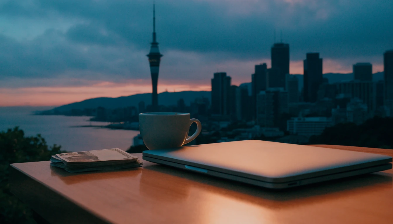 NZ twenty-dollar banknotes beside a closed laptop with Auckland skyline at dusk.
