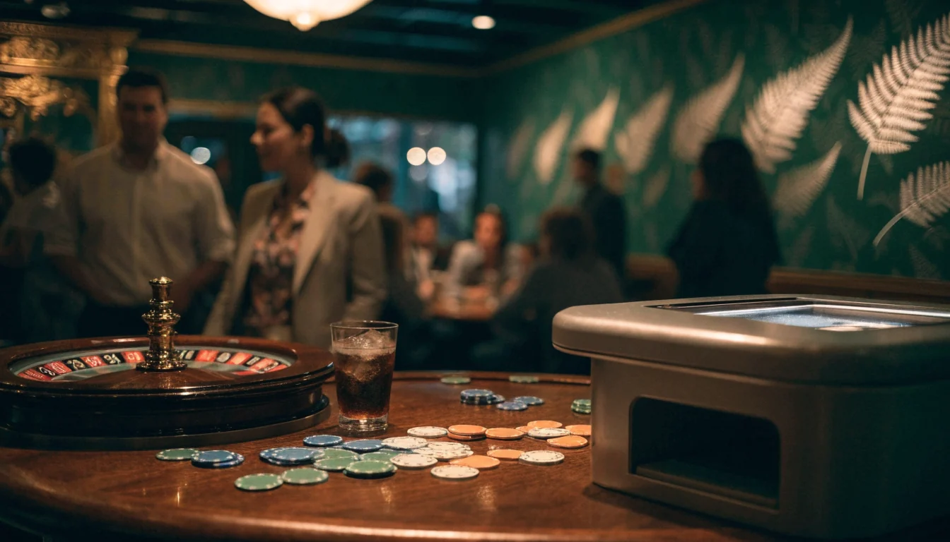 New Zealand casino lounge with roulette wheel and chips