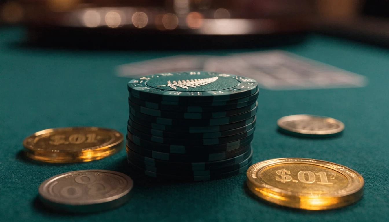 Stack of casino chips with NZ currency values on green felt, New Zealand theme