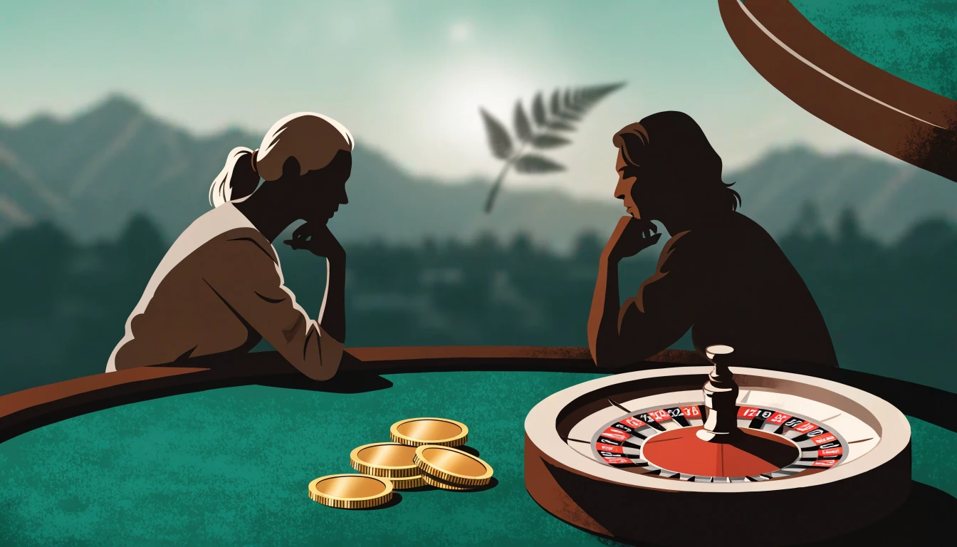 Five gold coins beside a roulette wheel with New Zealand mountain silhouettes in the background.