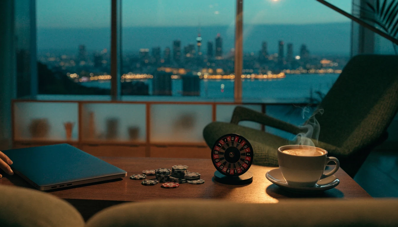 New Zealand apartment casino scene with hidden laptop, chips, and Auckland skyline