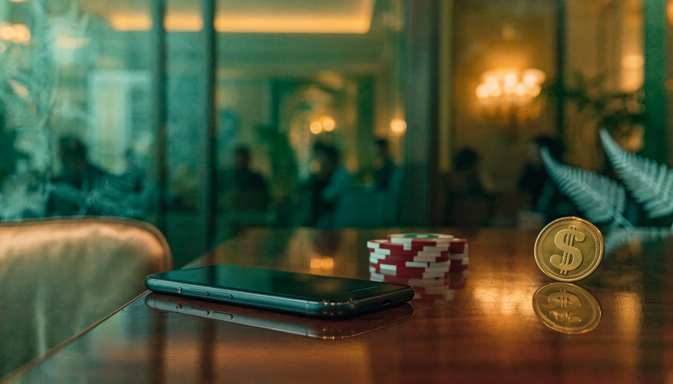 Smartphone, casino chips, and gold coin on a polished table with New Zealand-inspired background