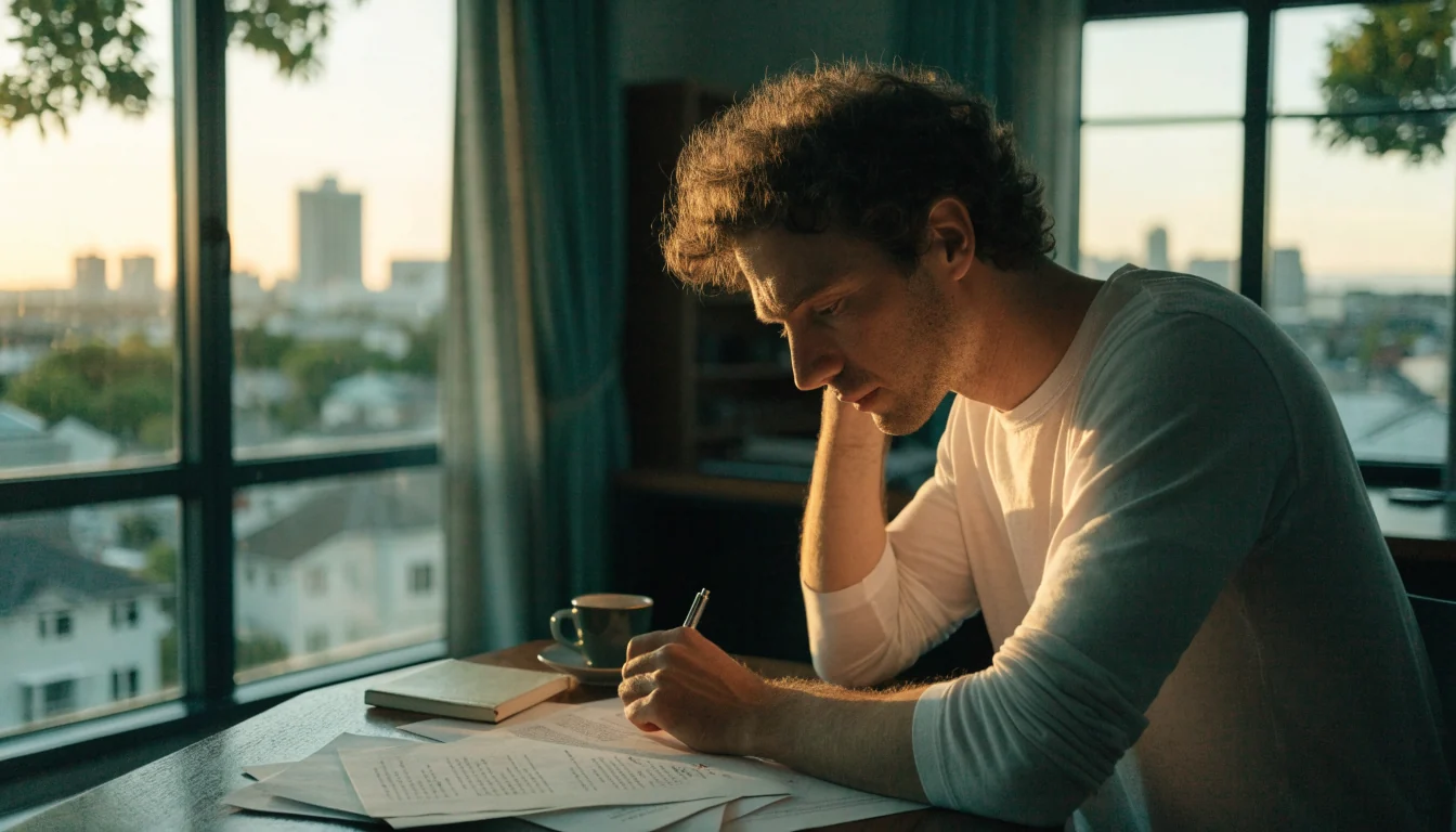 New Zealand analyst reviewing operator documents at a desk with city view