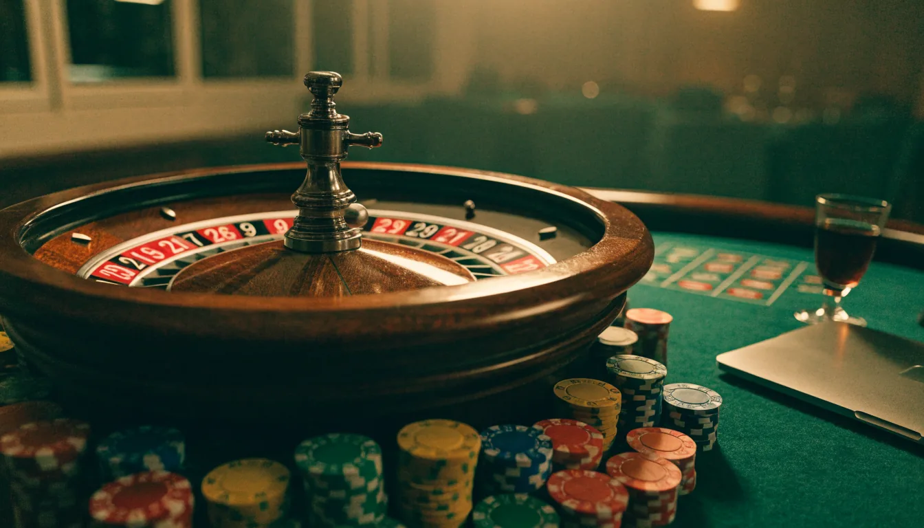 American roulette wheel on green felt table with casino chips and closed laptop.
