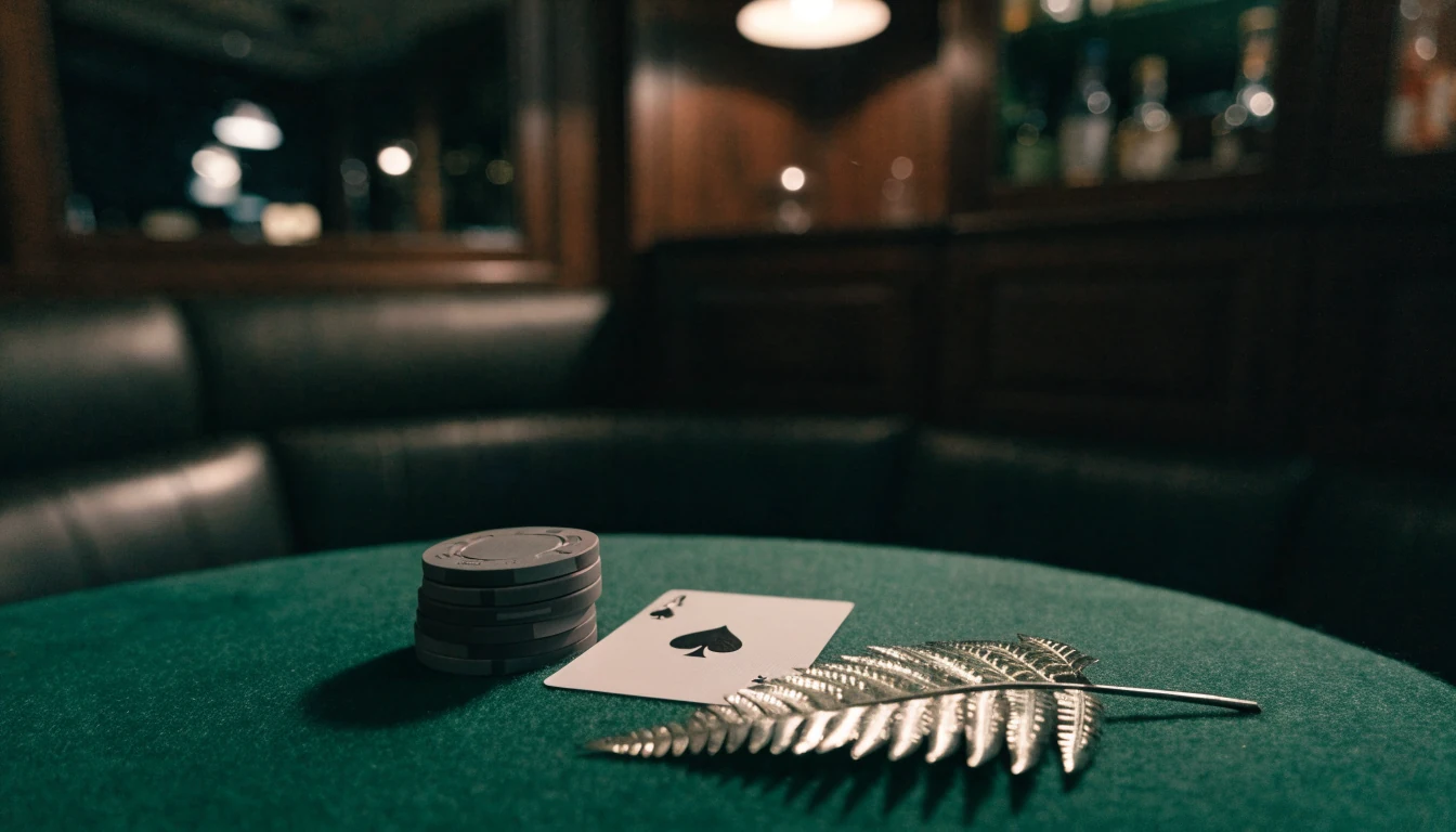 Green blackjack table with casino chips and an ace of spades in a dim lounge
