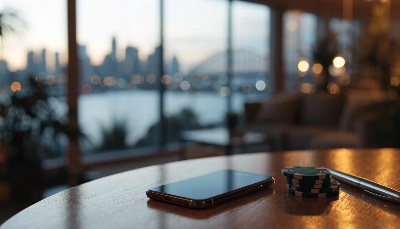 Smartphone on a table beside poker chips with Auckland skyline at dusk