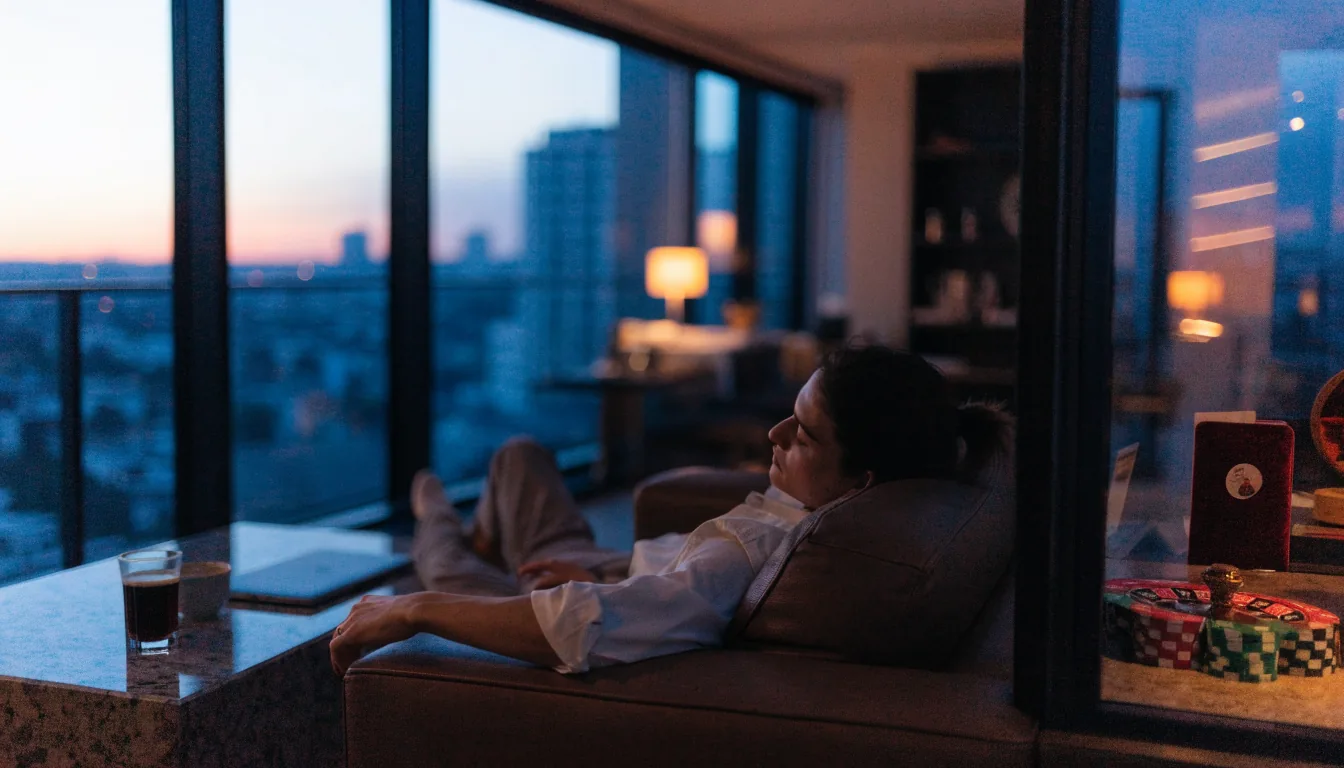 Person relaxing in a New Zealand apartment with subtle casino elements nearby.