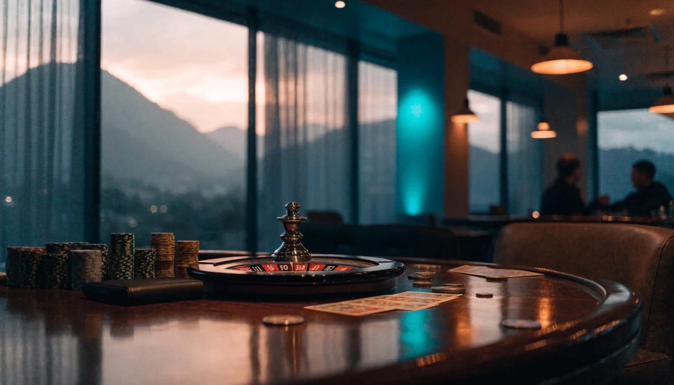 Casino table with chips, roulette wheel, and cards in New Zealand lounge