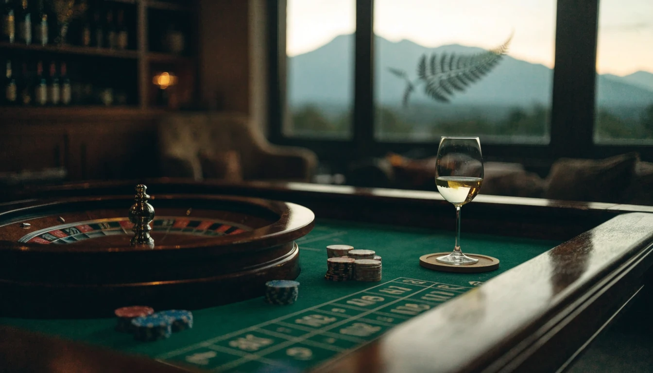 Roulette table with chips in a New Zealand lounge at dusk