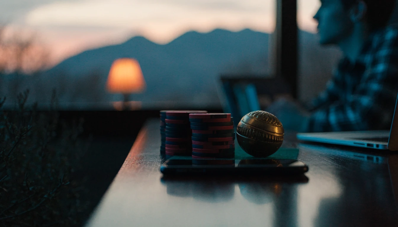 Casino chips, a phone and a laptop on a table in a New Zealand lounge.