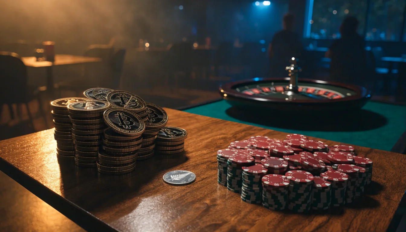 Bitcoin tokens, casino chips, and a silver fern coin on a table with roulette wheel.