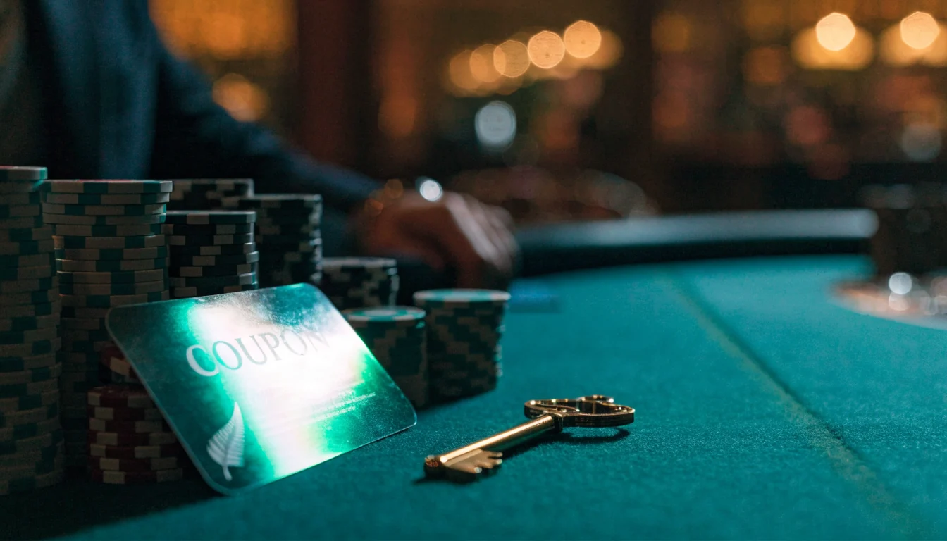 Casino table with a glowing coupon card, golden key, and stacked chips