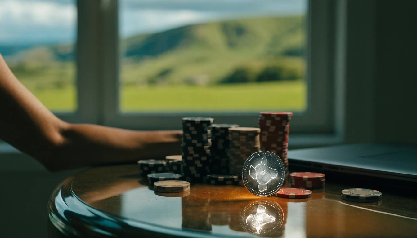Dogecoin coin on casino table with New Zealand landscape in background