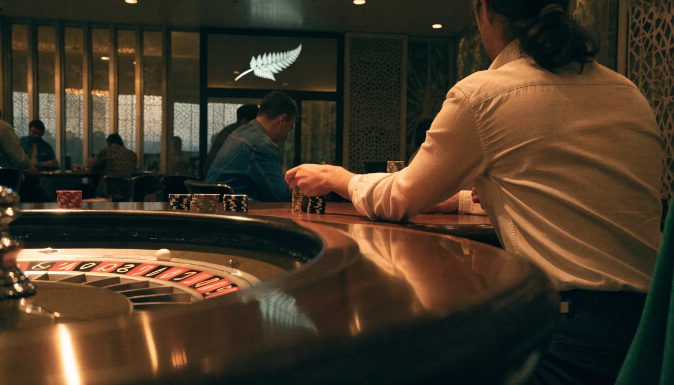 Elegant New Zealand casino interior with roulette wheel and colorful chips on a wooden table