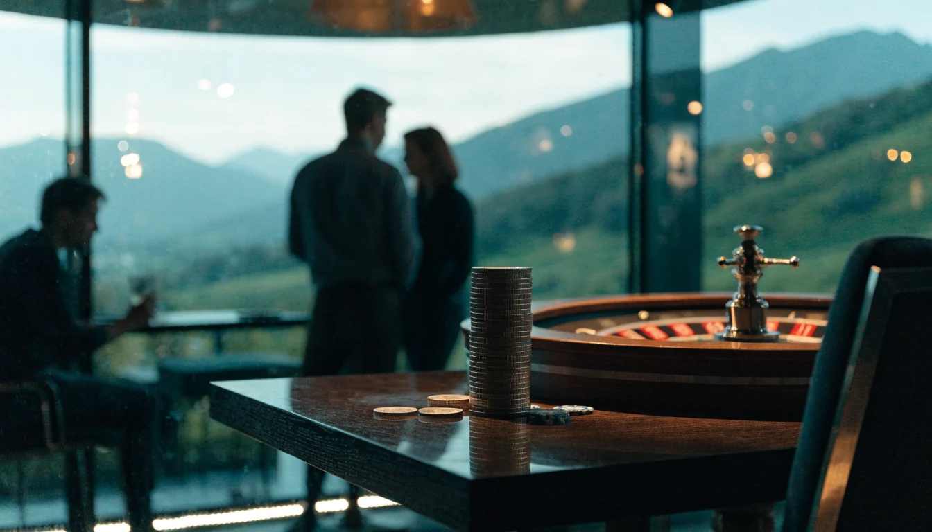 Litecoin coins, casino chips and roulette on a table with New Zealand landscape behind