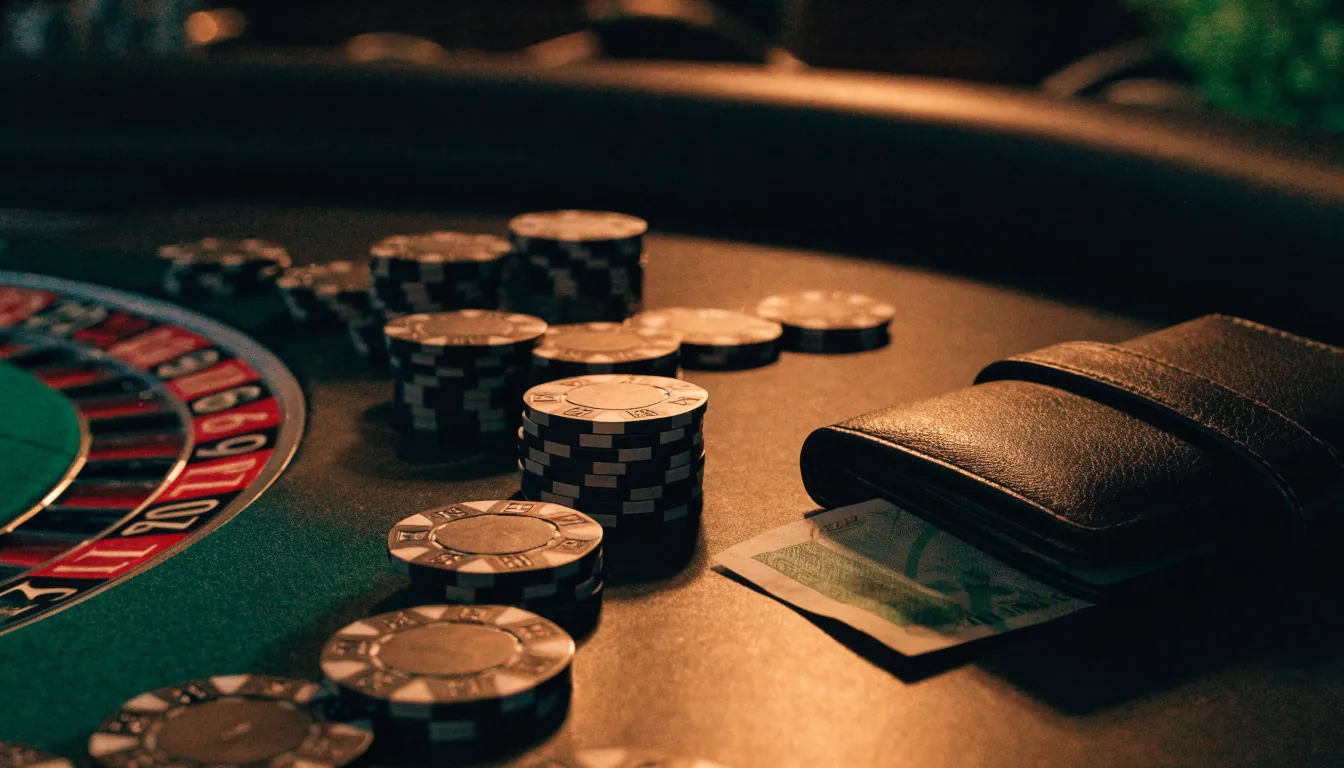 Casino chips and roulette wheel with NZD wallet on green felt table