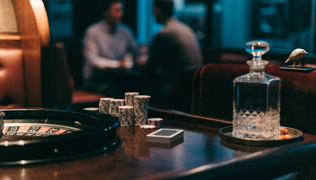 Elegant casino lounge with roulette table, chips and cards at night