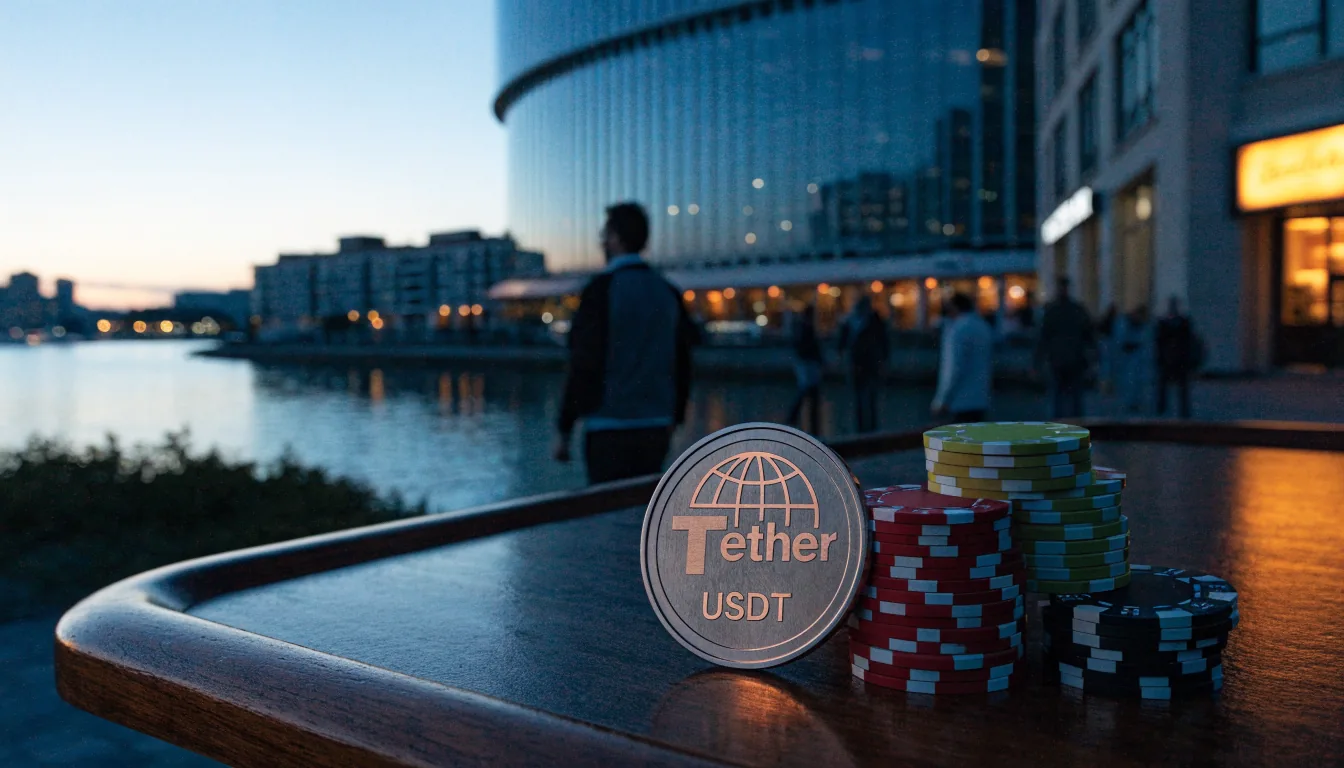 New Zealand casino exterior at dusk with USDT coin and chips on table
