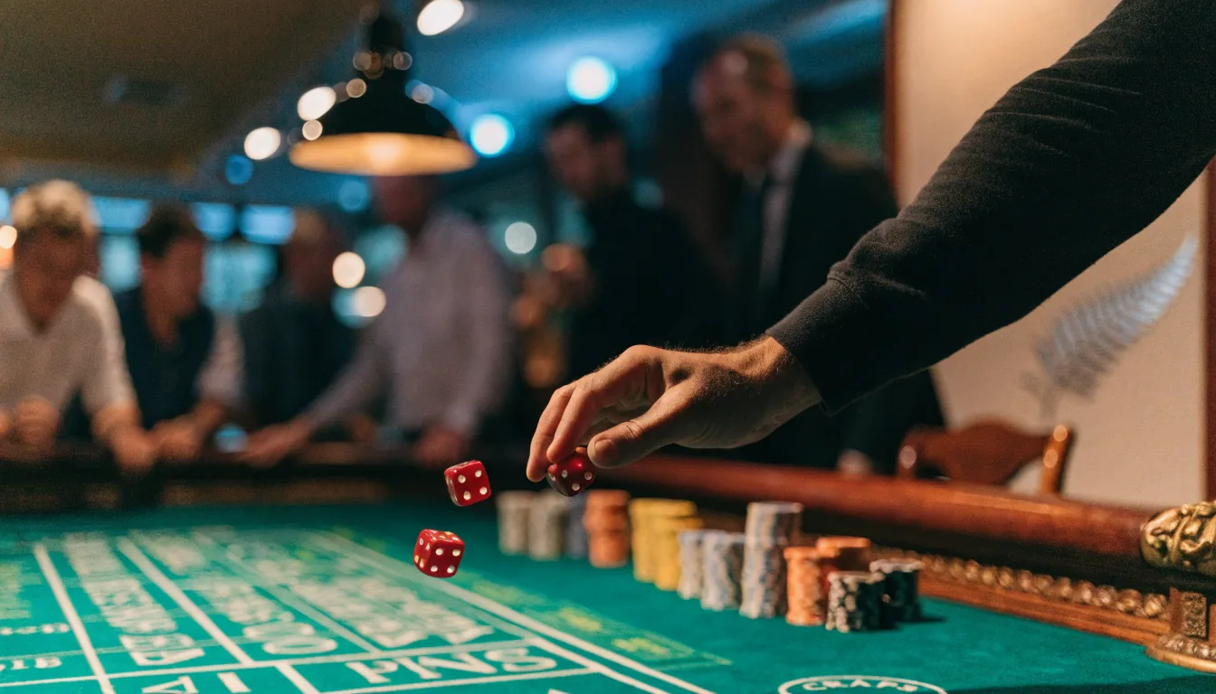 Dice rolling on a craps table in a New Zealand casino