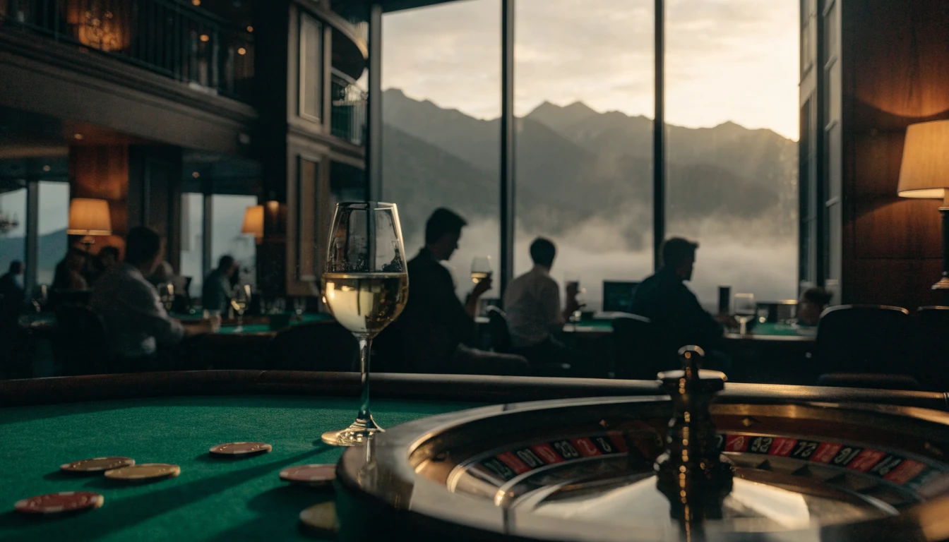 Stylish casino lounge in New Zealand with roulette wheel and chips