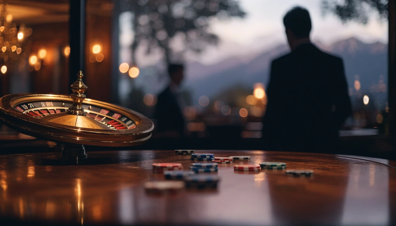 Casino chips and roulette wheel on a wooden table with warm golden lights