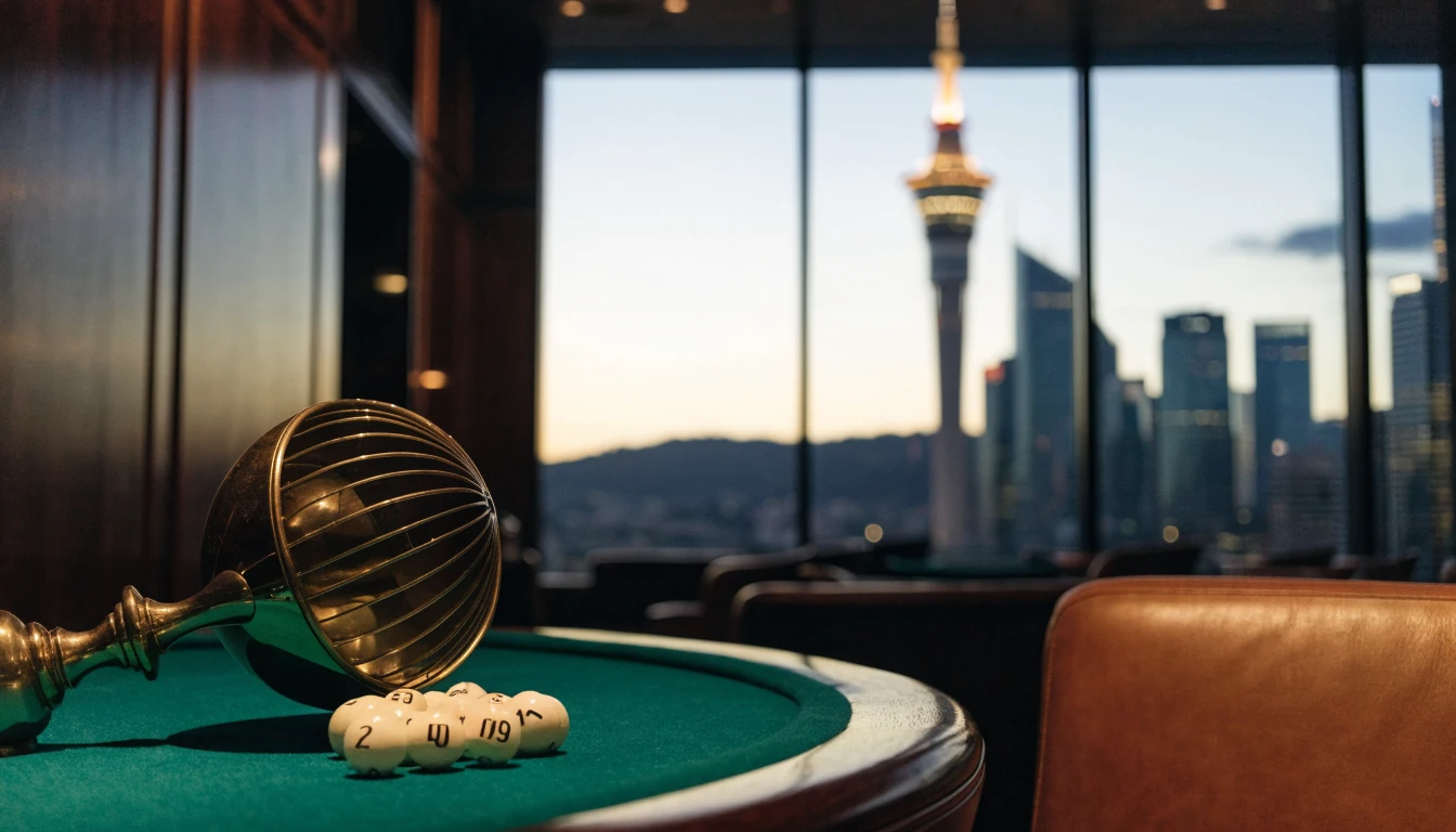 Elegant casino lounge with keno ball blower and Auckland skyline view