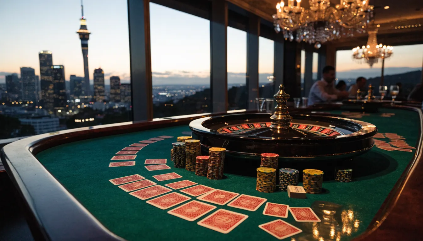 Elegant live casino roulette table with chips and cards against the Auckland skyline at dusk