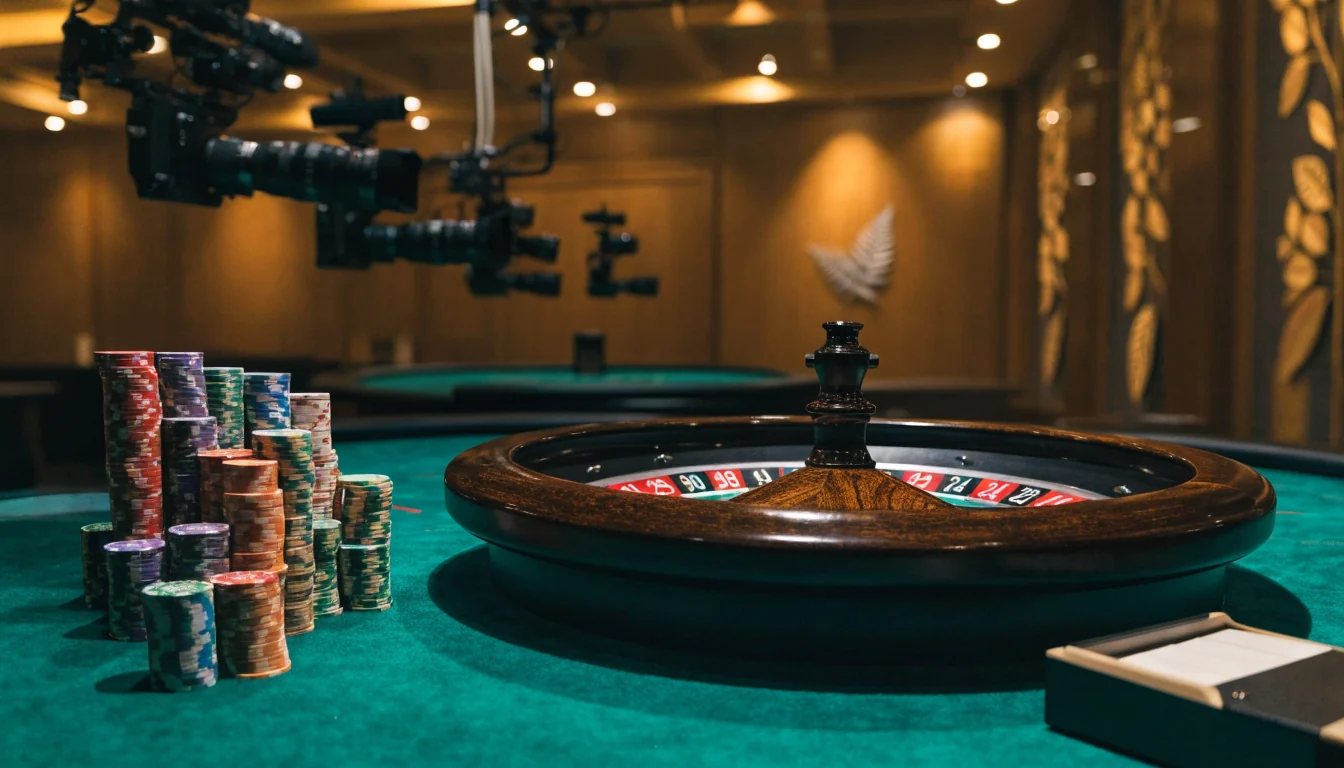 Live dealer casino studio with roulette wheel, chips, and broadcast cameras