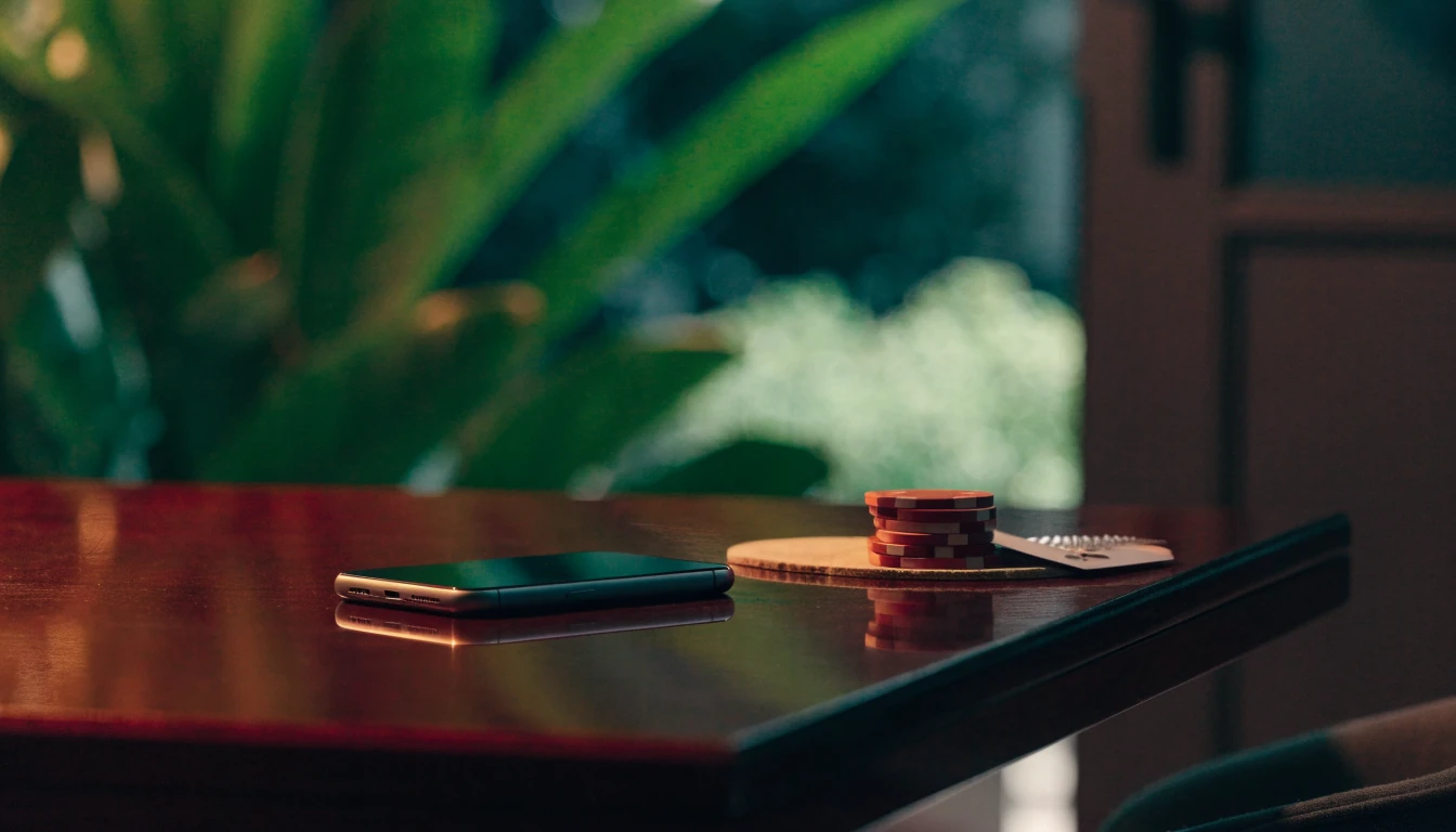 Smartphone face-down on table with casino chips and a silver fern coaster