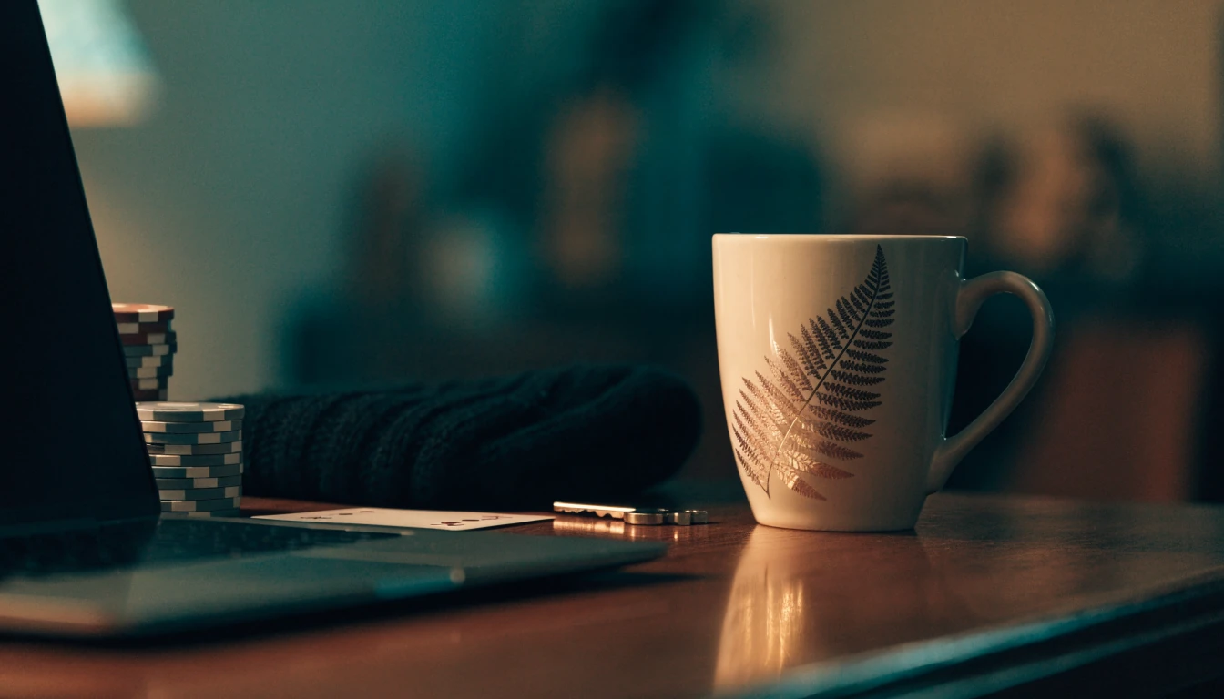 Closed laptop, casino chips and a face-down card on a dark desk, New Zealand fern mug.