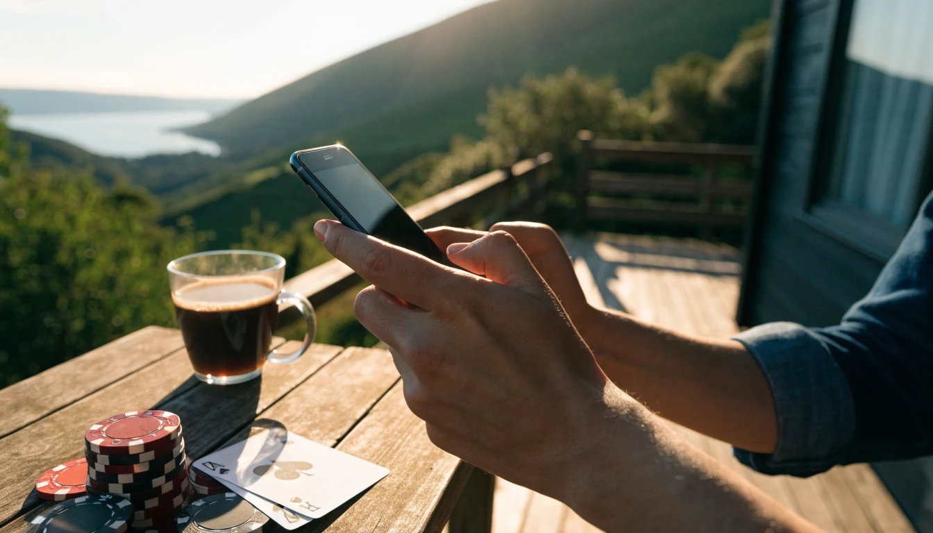 Hands holding an Android phone with casino chips on a New Zealand deck at sunset