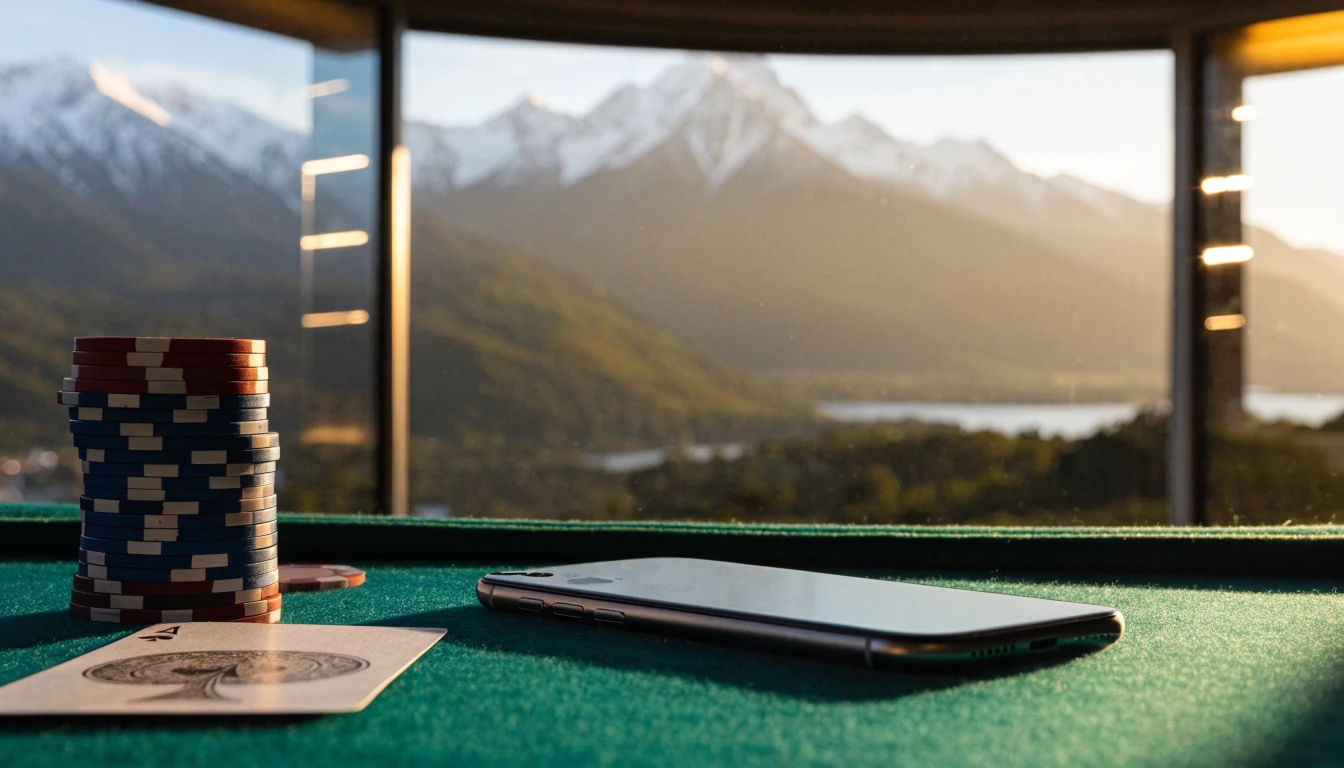 iPhone on a felt casino table with New Zealand Alps visible through a window