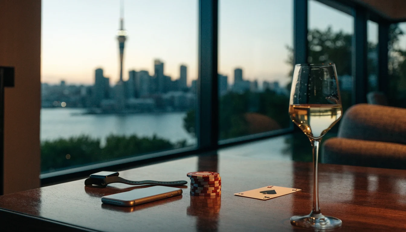 iPhone, chips, and cards on a table with Auckland skyline view