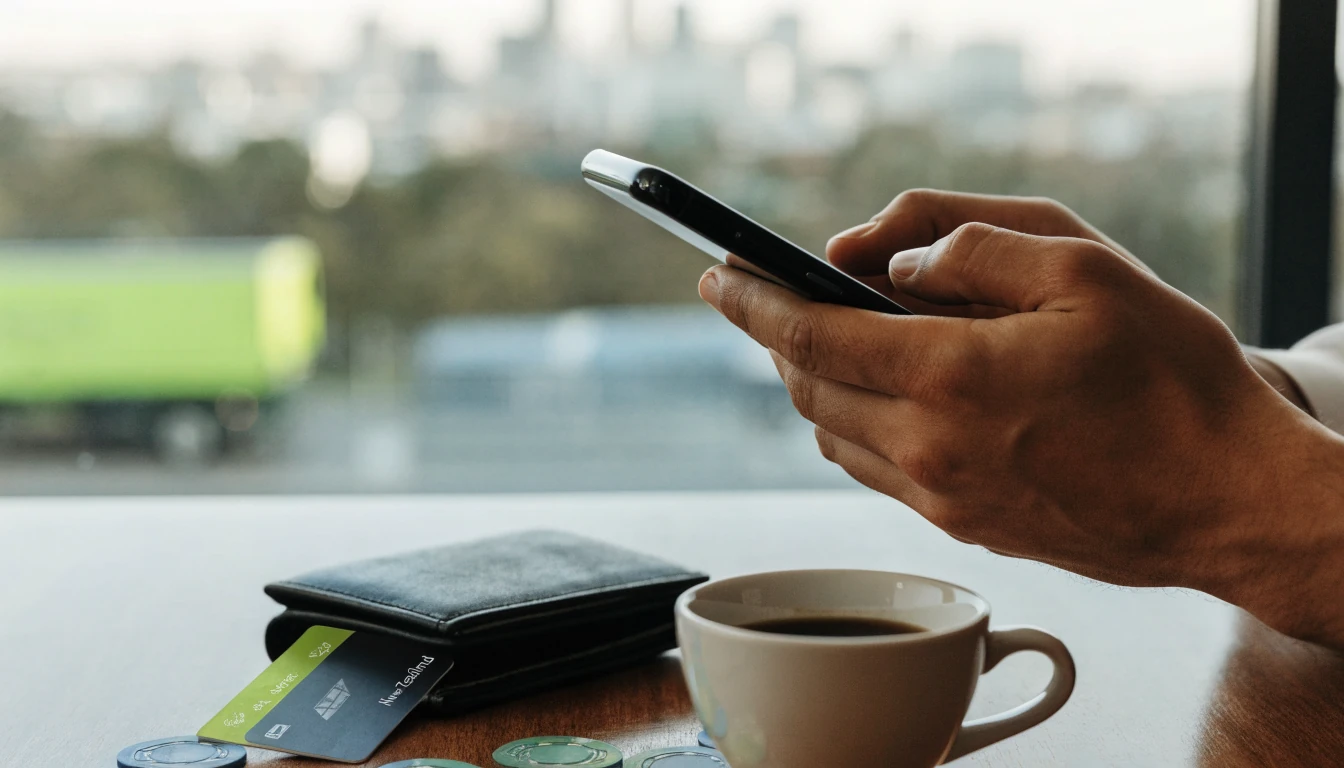 Hands holding a face-down smartphone near NZ bank card and casino chips on a table