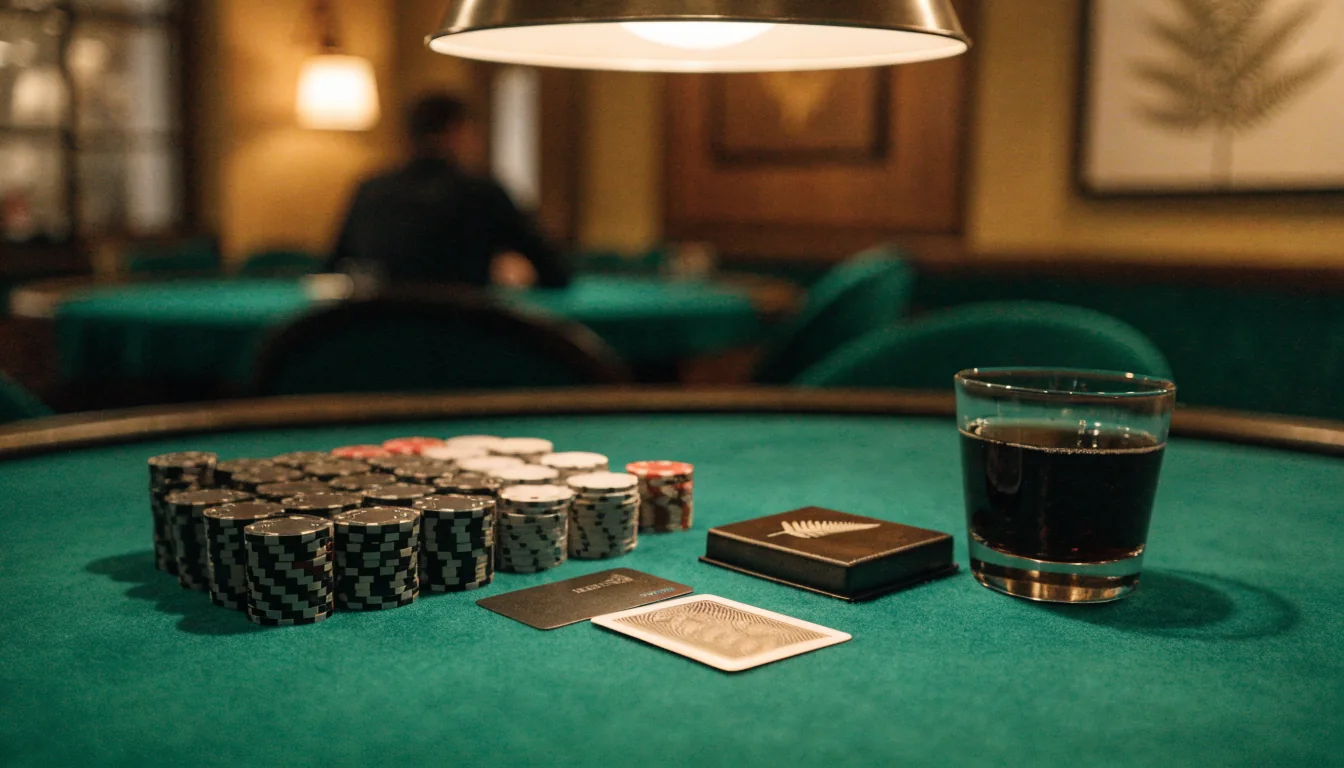 Casino chips, credit card and silver fern accent on a felt table