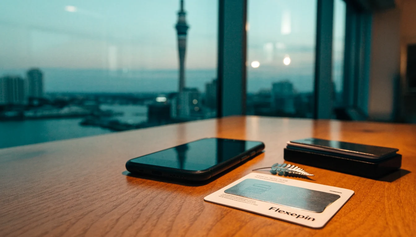 Flexepin prepaid voucher, smartphone, and silver fern on an Auckland desk at dusk.
