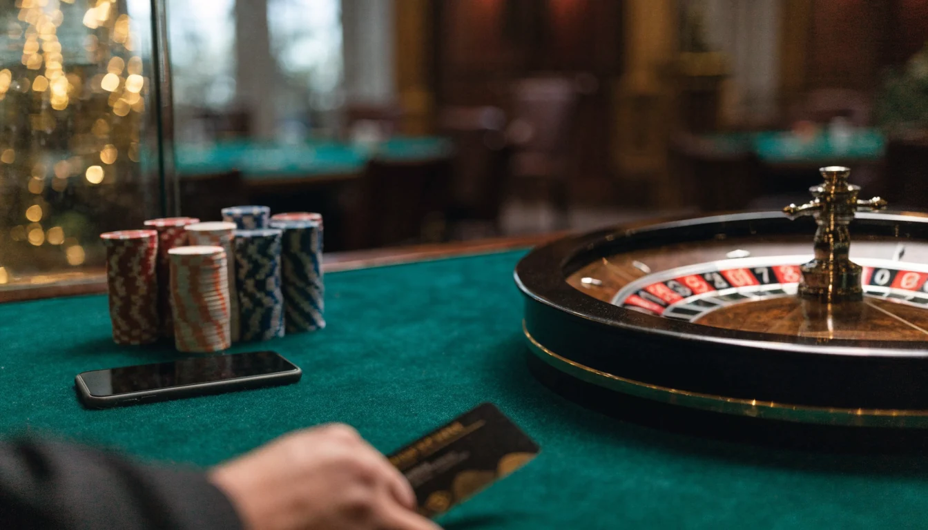 Casino table with roulette wheel, chips and smartphone at a New Zealand venue