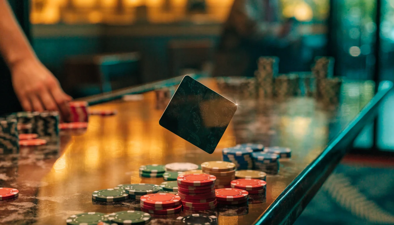 Contactless payment card above casino chips with subtle New Zealand fern accents