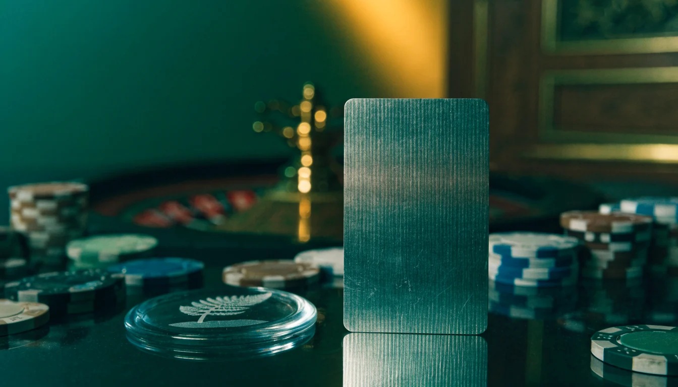 Maestro bank card beside a roulette wheel and casino chips with New Zealand fern detail.