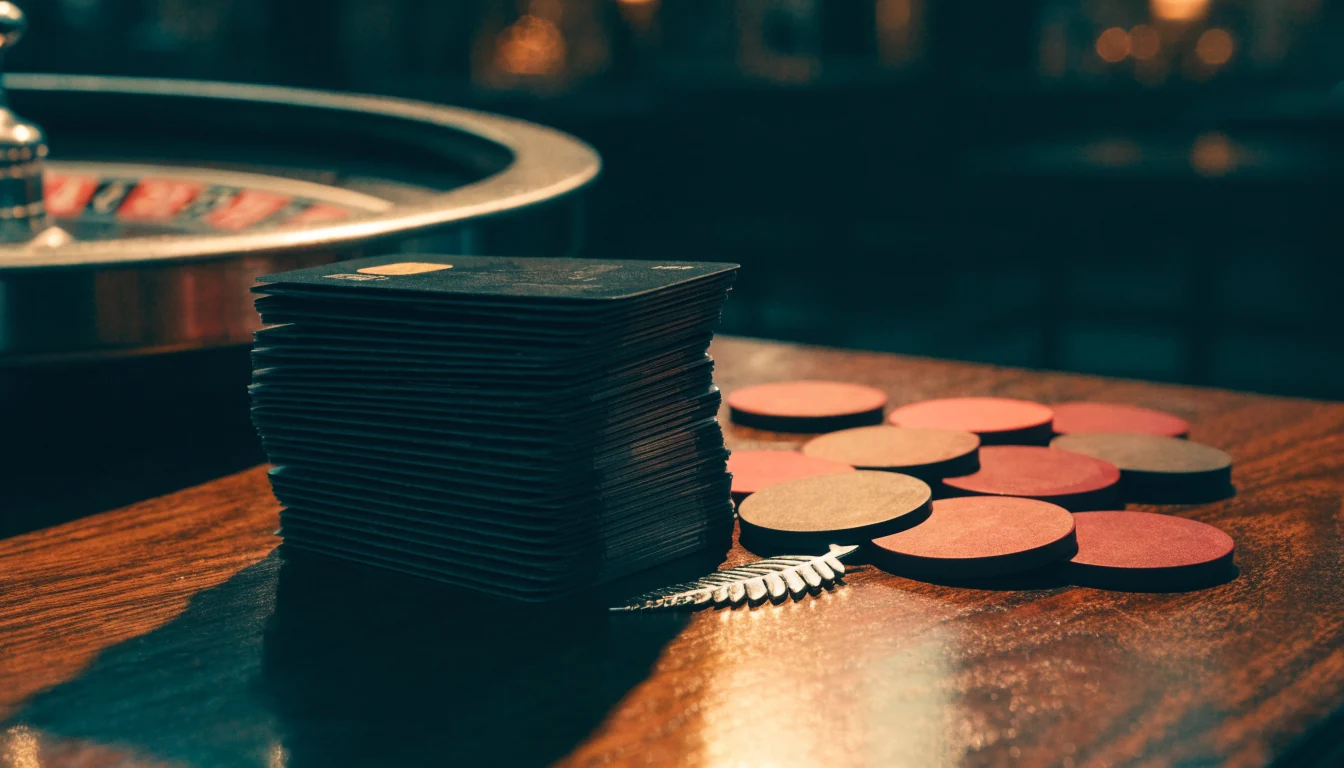 Mastercard-style cards, casino chips, and roulette wheel on a dark table with a silver fern leaf.