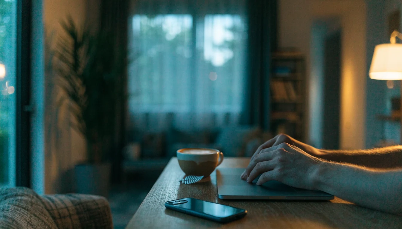 Hands near a closed laptop on a desk with a phone and a New Zealand silver fern, suggesting online payment choice.