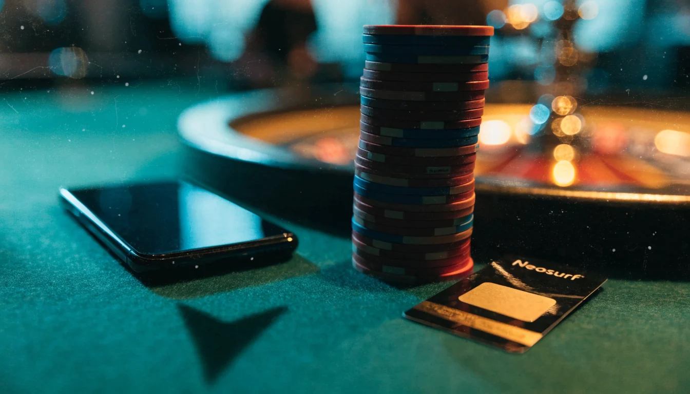 Smartphone, casino chips, roulette wheel, and a prepaid voucher on a felt table