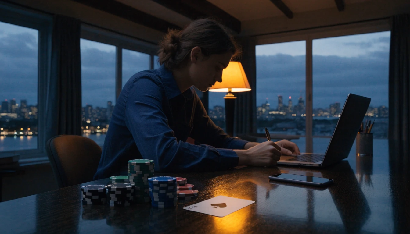 Casino chips and a card on a desk with a closed laptop, Auckland skyline at dusk