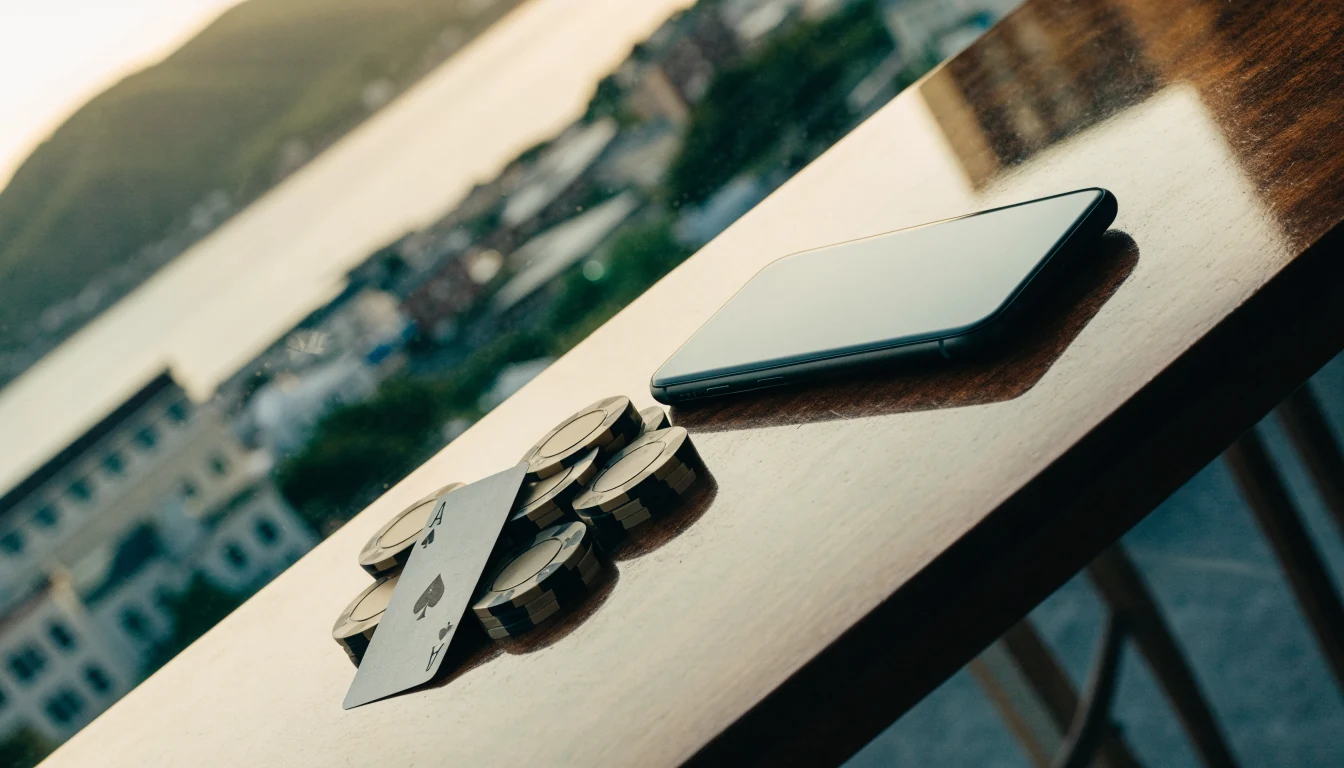 Smartphone face-down beside casino chips on a table, New Zealand coastline beyond the window