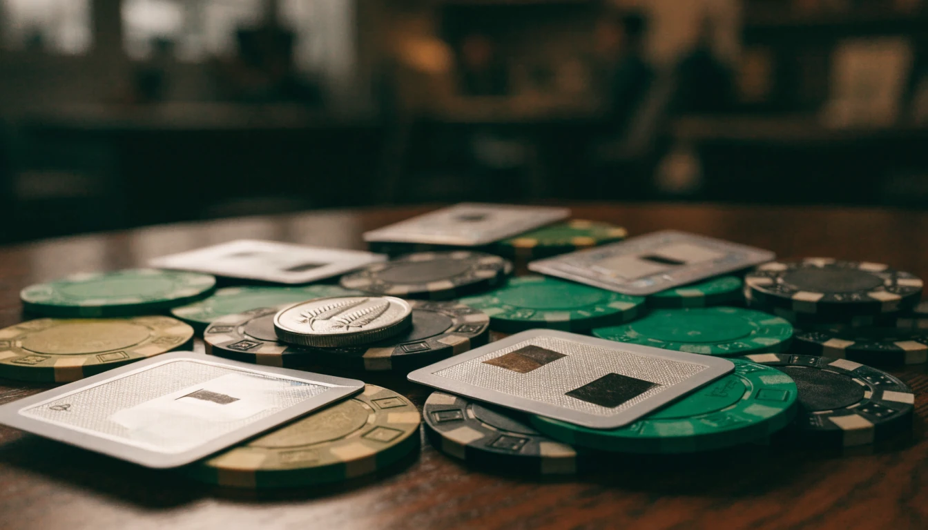 Scratched prepaid vouchers, casino chips, and a silver fern coin on a wooden table.