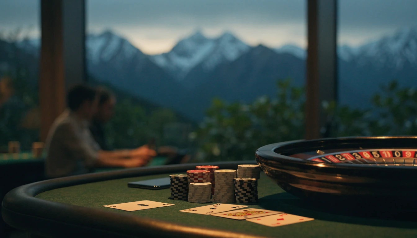 Casino table with chips, roulette and cards, New Zealand mountains in background