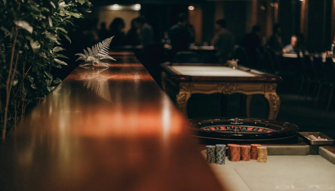 Elegant casino interior with gaming tables, chips, and a roulette wheel in golden evening light