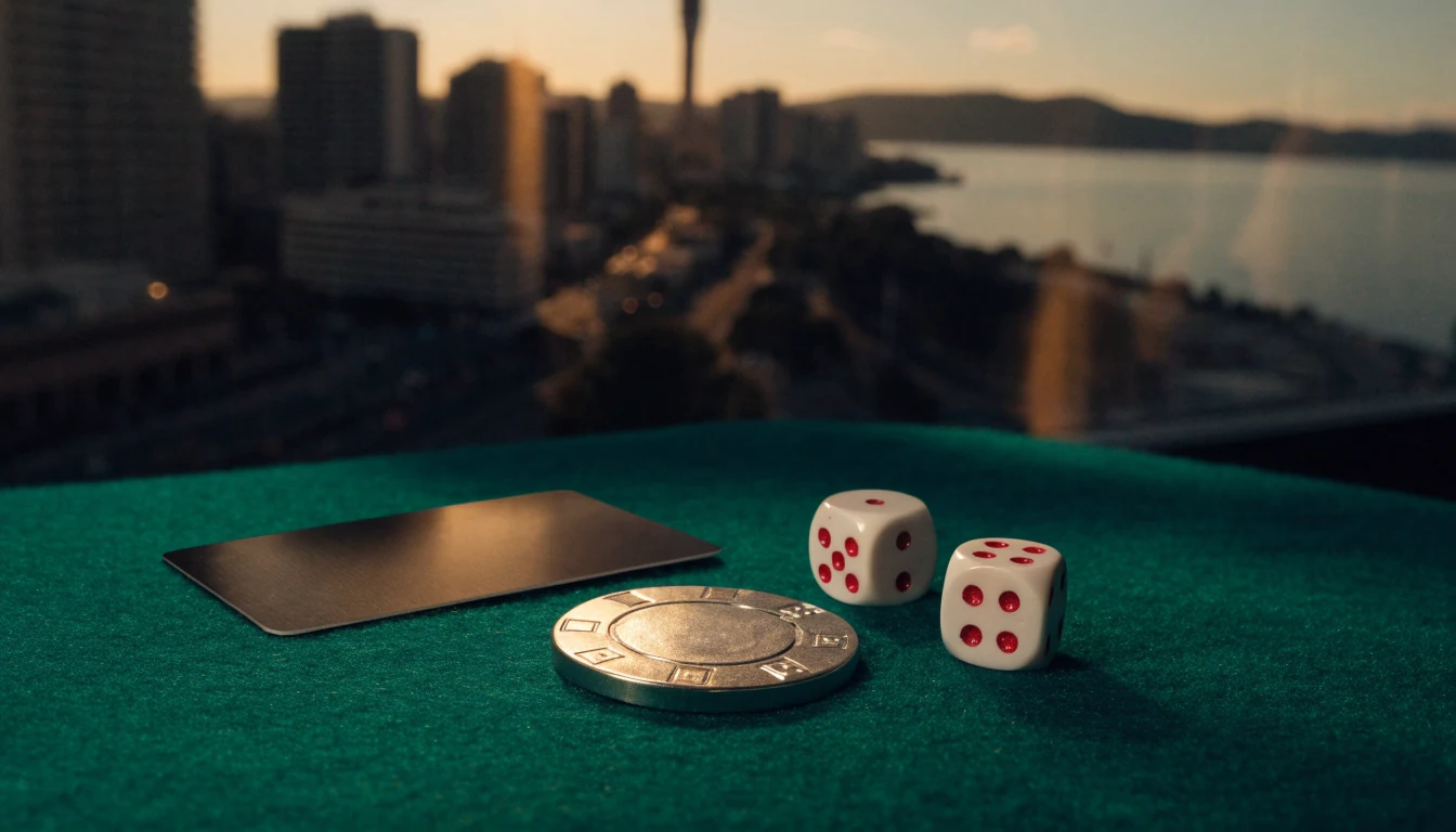 Casino chip, dice, and a contactless card on a green felt table with a New Zealand city skyline in the background.